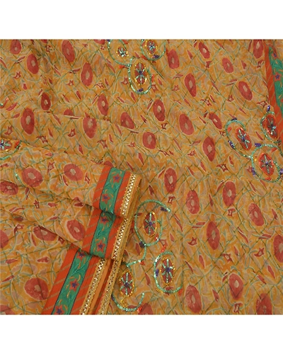 Sanskriti Vintage Orange Sarees Blend Georgette Hand Beaded Fabric Premium Sari, PS-39469-Orange-Sequins Work-Blend Georgette-2