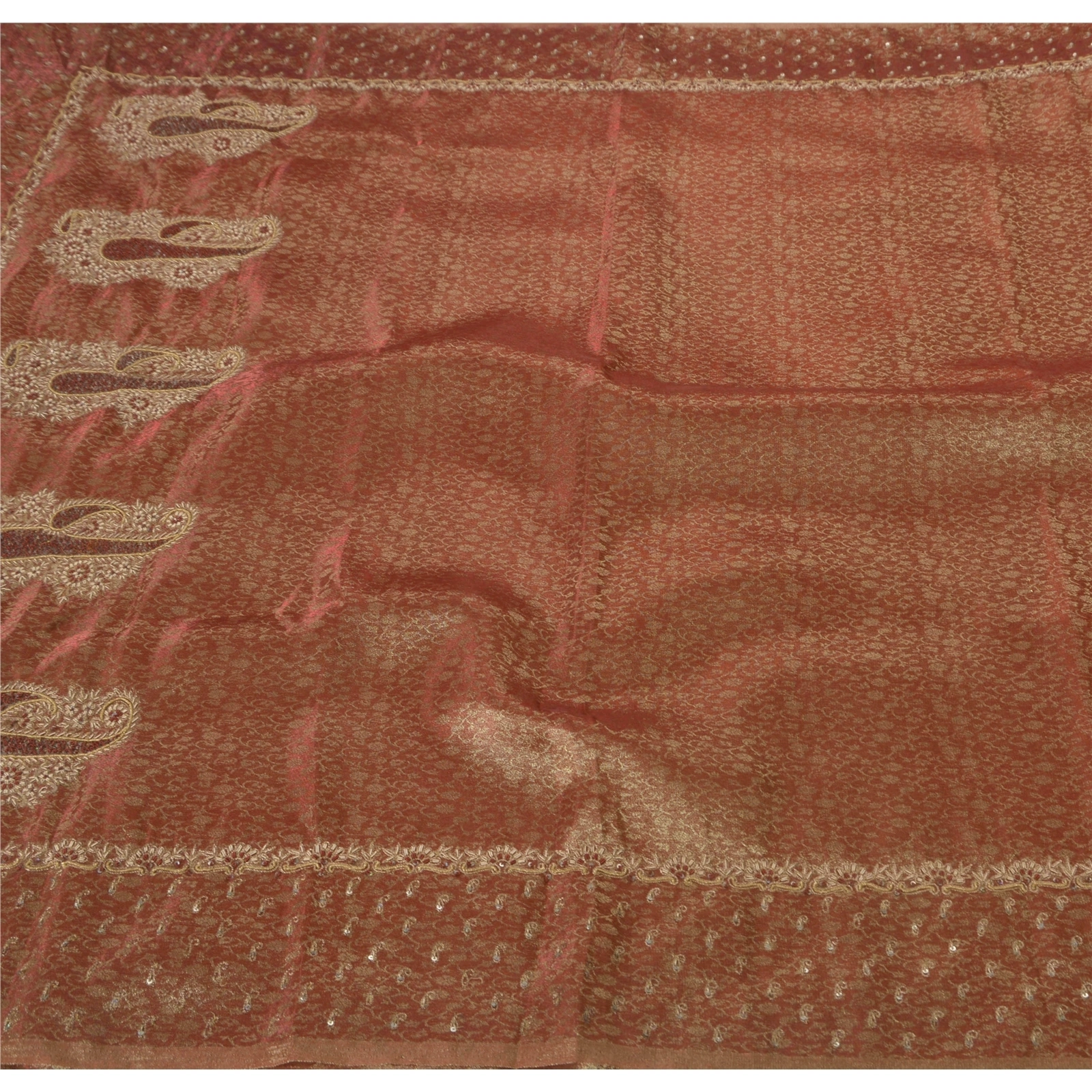 Sanskrit Vintage Dark Red Saree Tissue Hand Beaded Woven Craft Fabric Sari Zari, PS-39678-Dark Red-Zardozi Work-Tissue-1