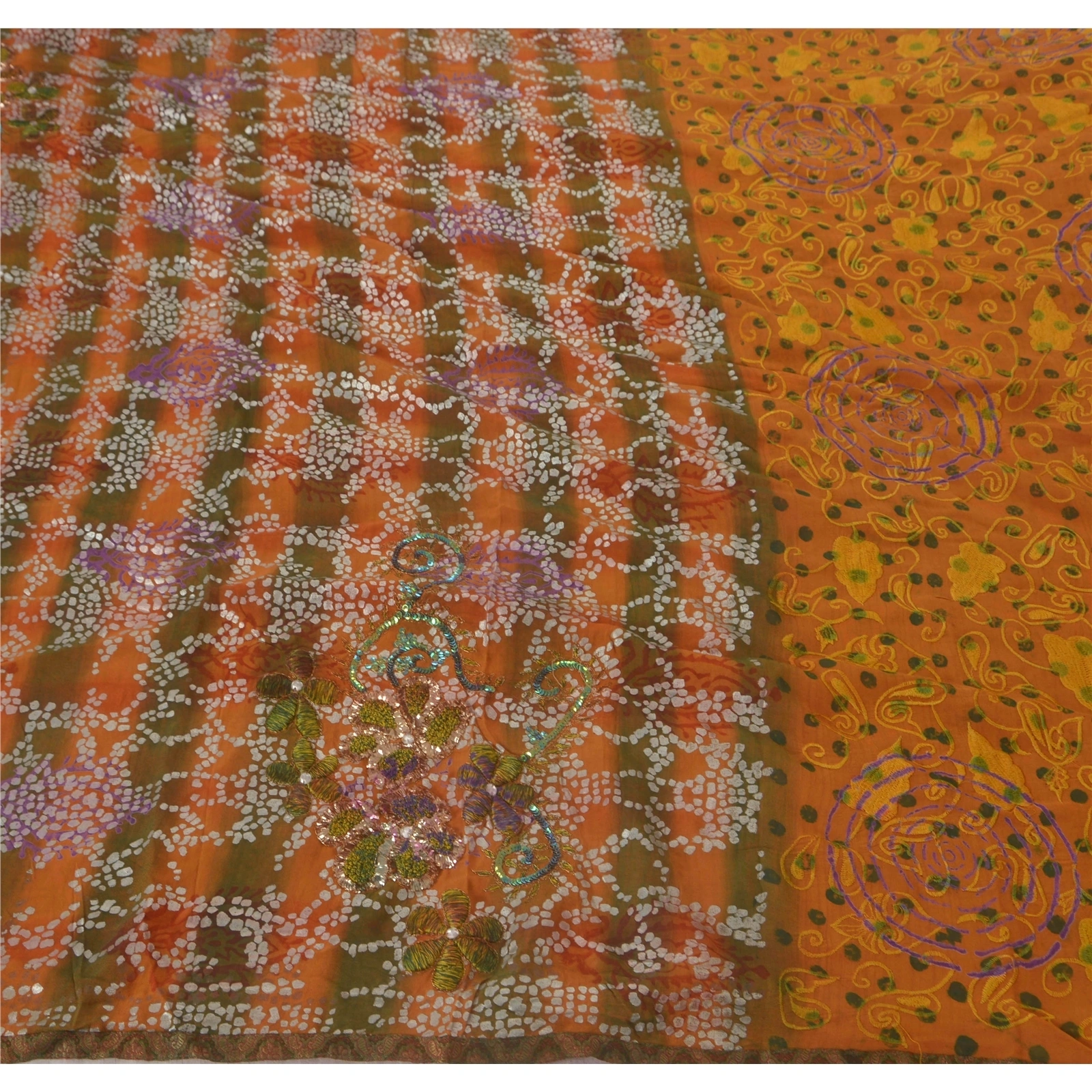 Sanskriti Vintage Orange Sarees Pure Georgette Silk Hand Beaded Fabric 5 Yd Sari, PS-39699-Orange-Sequins &amp; Thread Work-100% Pure Georgette Silk-1