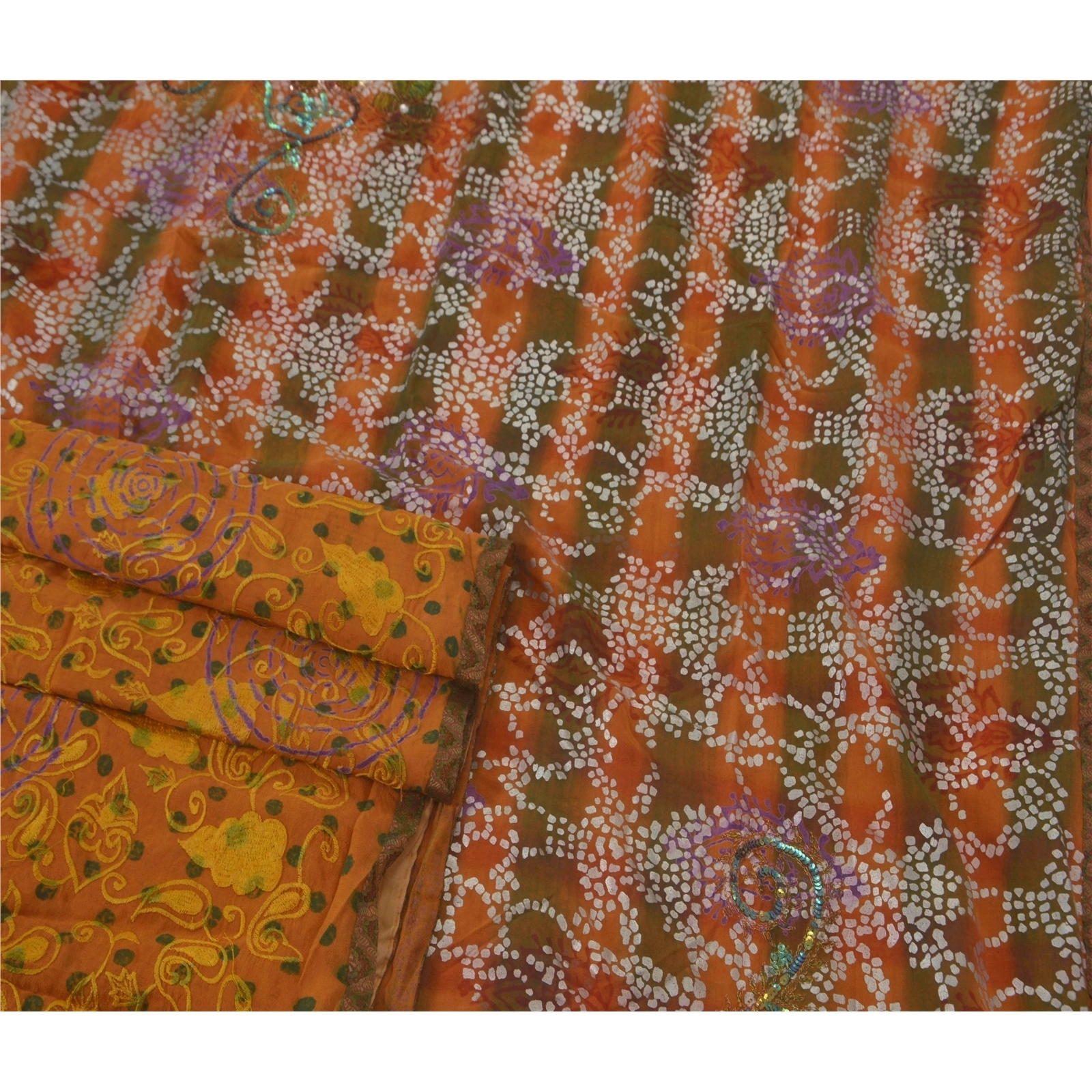 Sanskriti Vintage Orange Sarees Pure Georgette Silk Hand Beaded Fabric 5 Yd Sari, PS-39699-Orange-Sequins &amp; Thread Work-100% Pure Georgette Silk-2