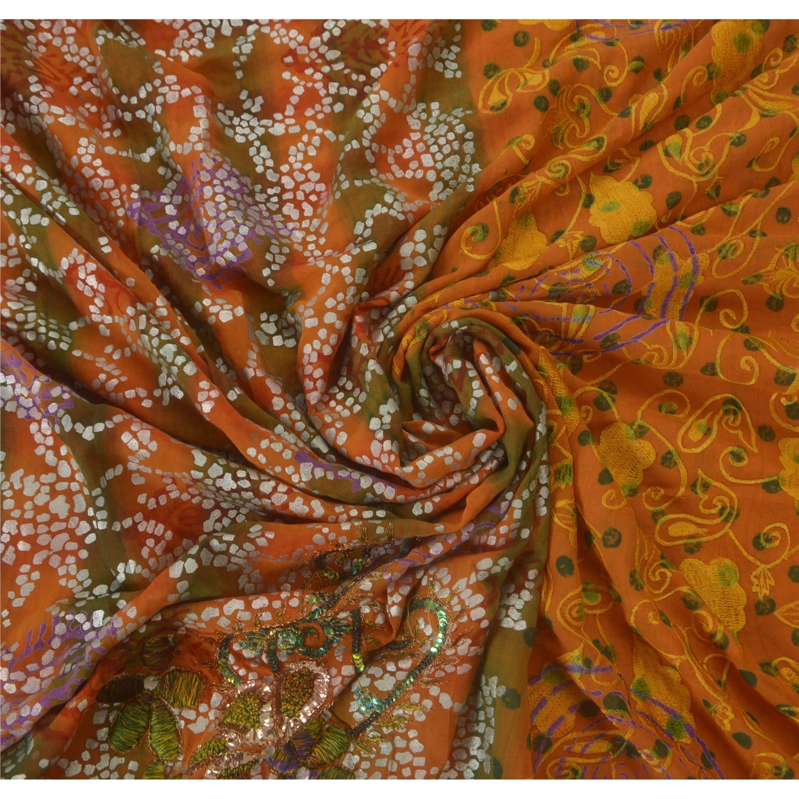 Sanskriti Vintage Orange Sarees Pure Georgette Silk Hand Beaded Fabric 5 Yd Sari, PS-39699-Orange-Sequins &amp; Thread Work-100% Pure Georgette Silk-6