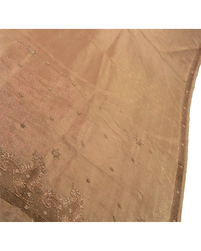 Sanskriti Vintage Sarees Tissue Hand Embroidered Craft Fabric Sari Zari Premium, PS-41042-Peach-Woven Hand Embroidered With Zardozi &amp; Patch Work-Tissue-1
