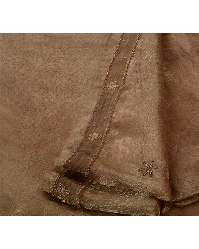 Sanskriti Vintage Sarees Tissue Hand Embroidered Craft Fabric Sari Zari Premium, PS-41042-Peach-Woven Hand Embroidered With Zardozi &amp; Patch Work-Tissue-3