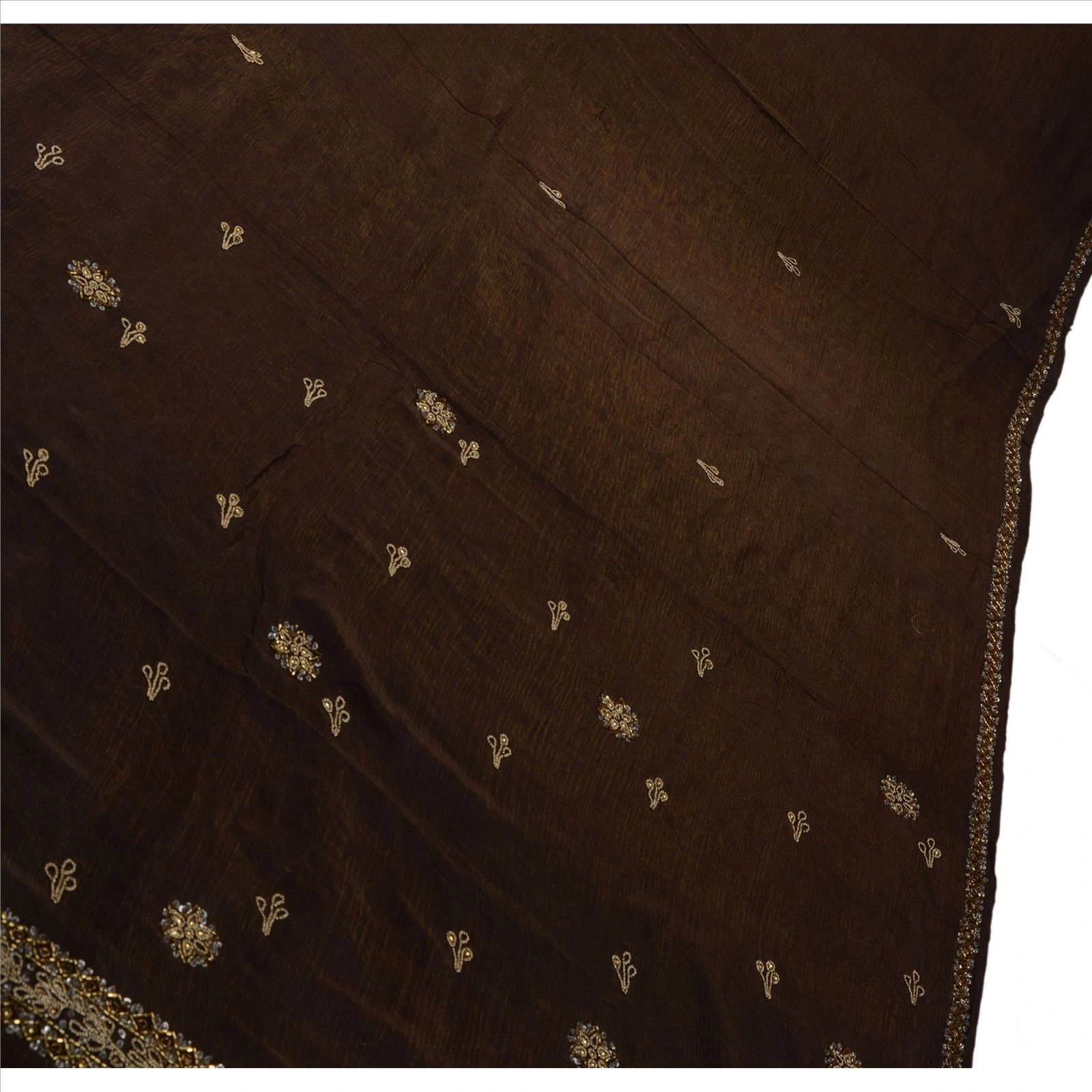 Sanskriti Vintage Brown Sarees Silk Blend Hand Beaded Woven Fabric Ethnic Sari, PS-41132-Brown-Woven Hand Beaded With Kundan Stone-Silk Blend-1