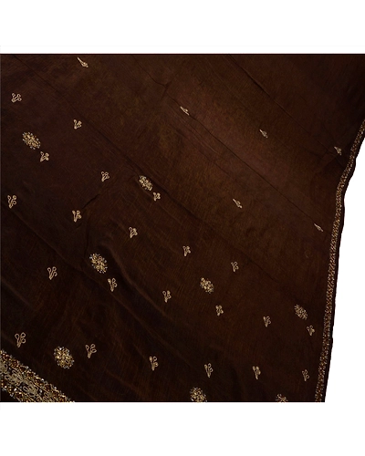 Sanskriti Vintage Brown Sarees Silk Blend Hand Beaded Woven Fabric Ethnic Sari, PS-41132-Brown-Woven Hand Beaded With Kundan Stone-Silk Blend-1