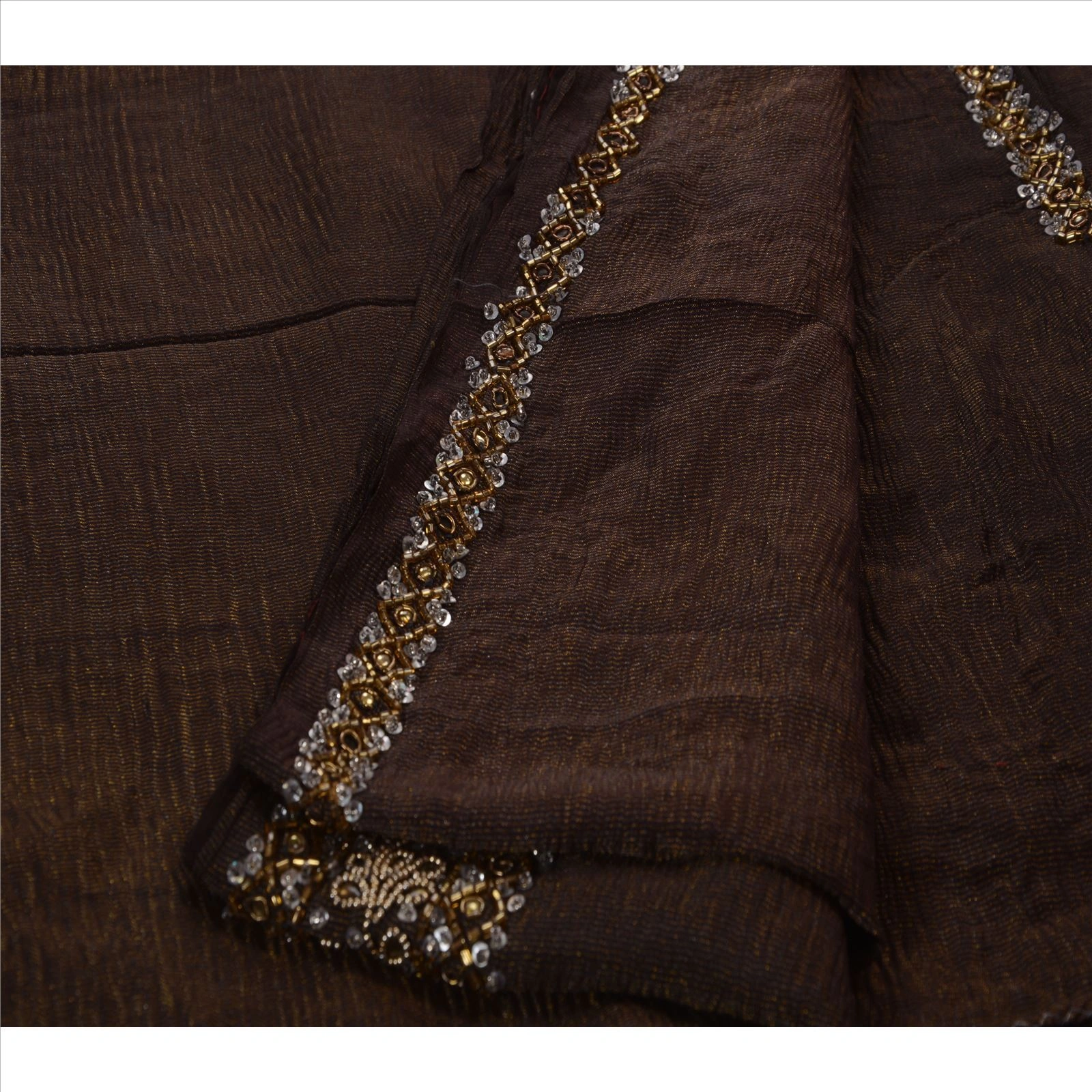 Sanskriti Vintage Brown Sarees Silk Blend Hand Beaded Woven Fabric Ethnic Sari, PS-41132-Brown-Woven Hand Beaded With Kundan Stone-Silk Blend-3