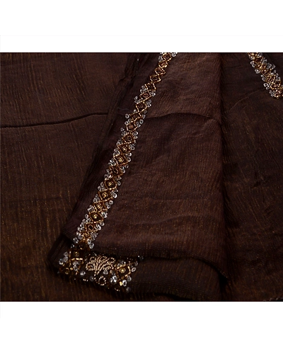 Sanskriti Vintage Brown Sarees Silk Blend Hand Beaded Woven Fabric Ethnic Sari, PS-41132-Brown-Woven Hand Beaded With Kundan Stone-Silk Blend-3