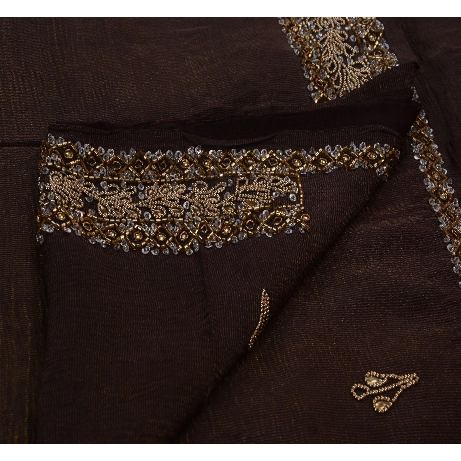 Sanskriti Vintage Brown Sarees Silk Blend Hand Beaded Woven Fabric Ethnic Sari, PS-41132-Brown-Woven Hand Beaded With Kundan Stone-Silk Blend-4