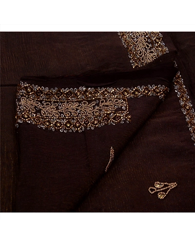 Sanskriti Vintage Brown Sarees Silk Blend Hand Beaded Woven Fabric Ethnic Sari, PS-41132-Brown-Woven Hand Beaded With Kundan Stone-Silk Blend-4