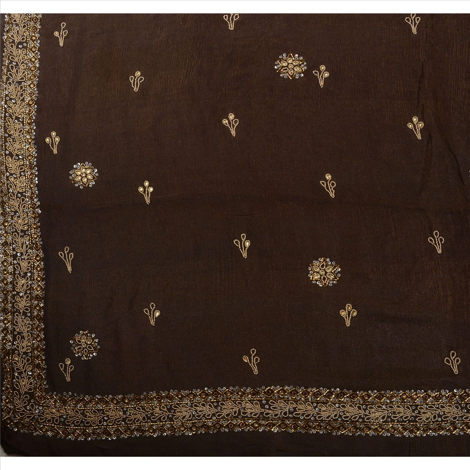 Sanskriti Vintage Brown Sarees Silk Blend Hand Beaded Woven Fabric Ethnic Sari, PS-41132-Brown-Woven Hand Beaded With Kundan Stone-Silk Blend-6