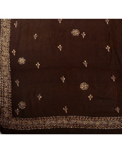 Sanskriti Vintage Brown Sarees Silk Blend Hand Beaded Woven Fabric Ethnic Sari, PS-41132-Brown-Woven Hand Beaded With Kundan Stone-Silk Blend-6