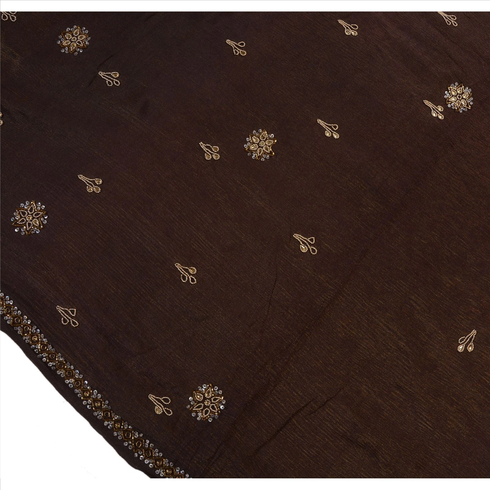 Sanskriti Vintage Brown Sarees Silk Blend Hand Beaded Woven Fabric Ethnic Sari, PS-41132-Brown-Woven Hand Beaded With Kundan Stone-Silk Blend-7