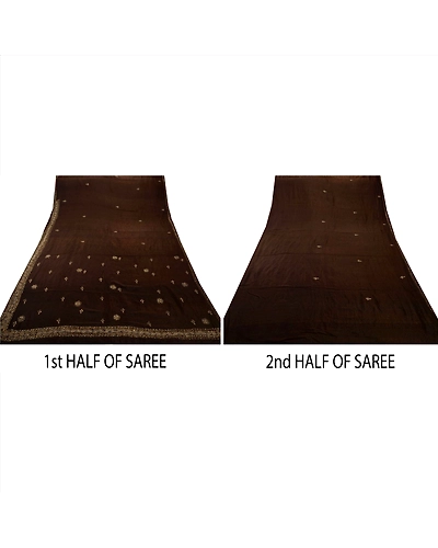 Sanskriti Vintage Brown Sarees Silk Blend Hand Beaded Woven Fabric Ethnic Sari, PS-41132-Brown-Woven Hand Beaded With Kundan Stone-Silk Blend-8