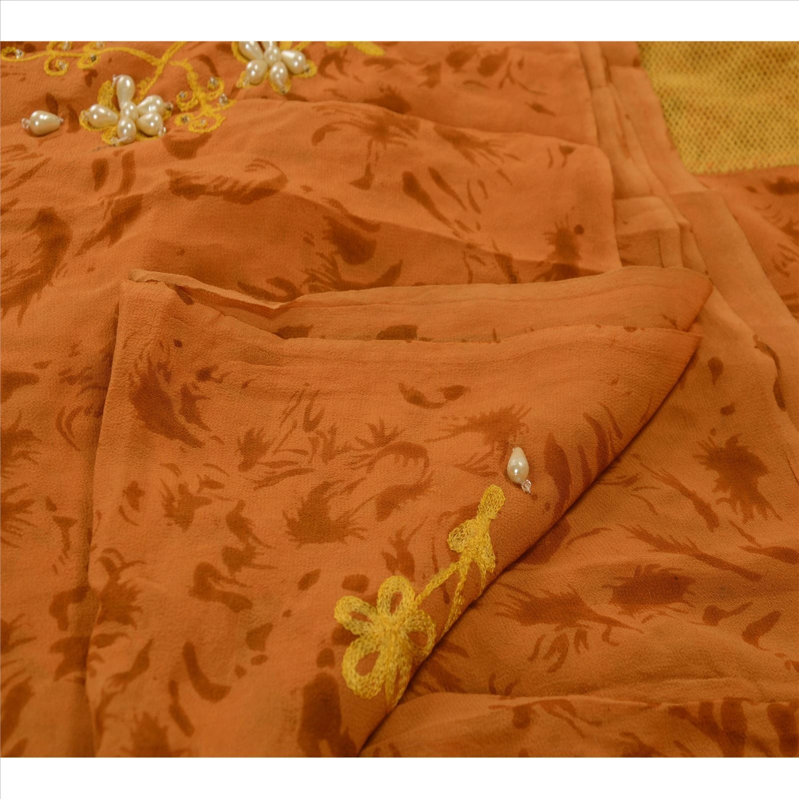 Sanskriti Vintage Sarees Pure Georgette Silk Hand Beaded 5Yd Fabric Premium Sari, PS-41407-Saffron-Hand Beaded With Pearl Beads-100% Pure Georgette Silk-3