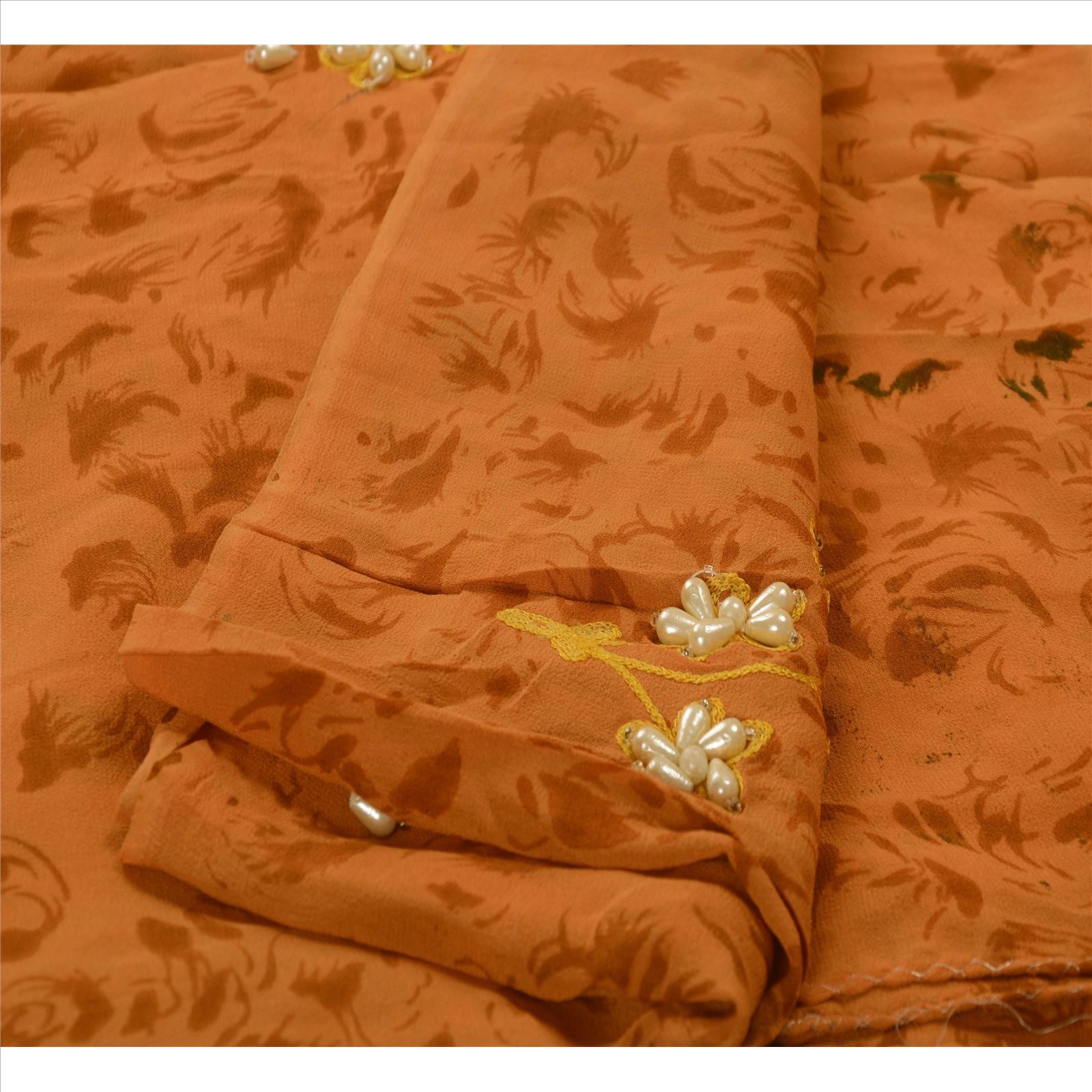 Sanskriti Vintage Sarees Pure Georgette Silk Hand Beaded 5Yd Fabric Premium Sari, PS-41407-Saffron-Hand Beaded With Pearl Beads-100% Pure Georgette Silk-4