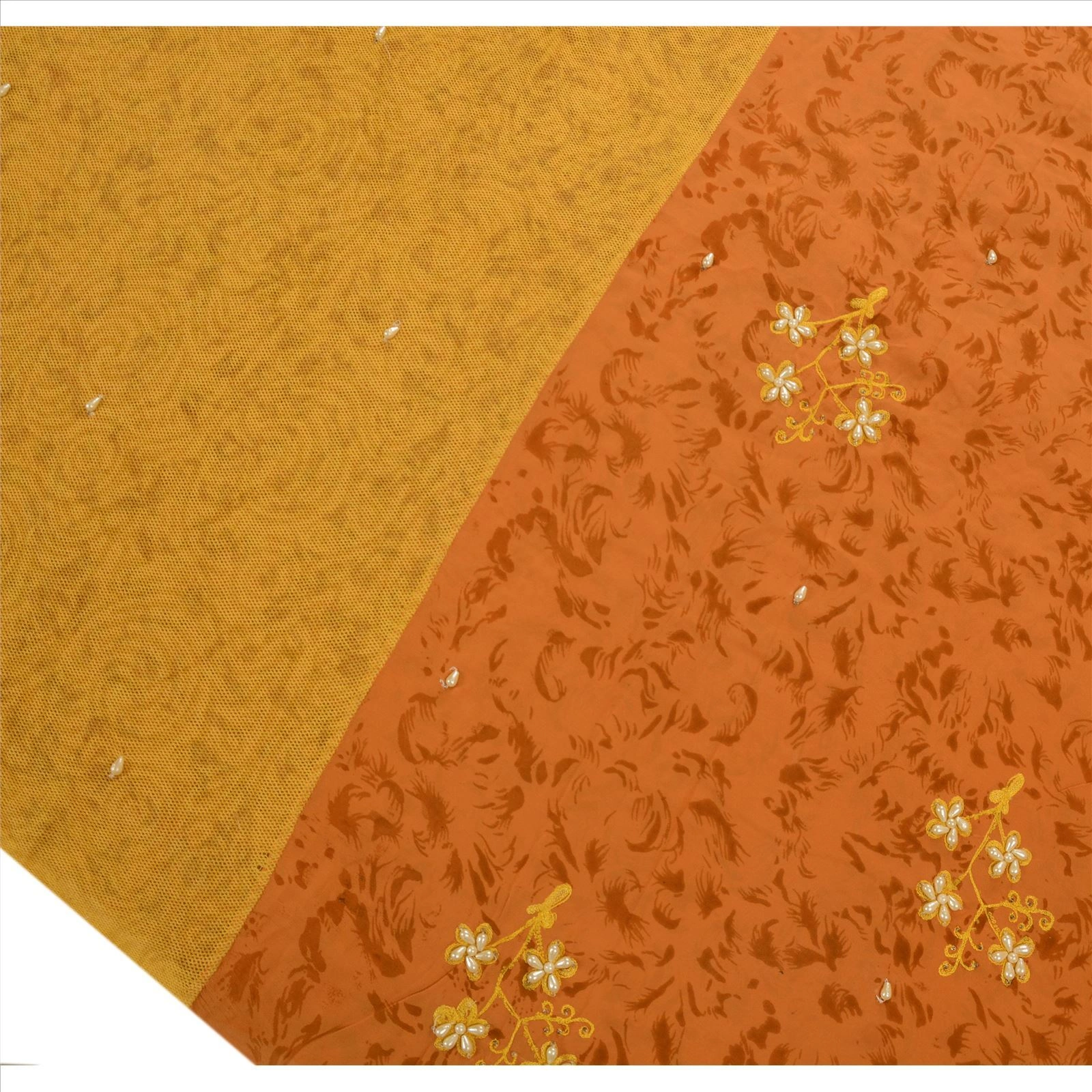 Sanskriti Vintage Sarees Pure Georgette Silk Hand Beaded 5Yd Fabric Premium Sari, PS-41407-Saffron-Hand Beaded With Pearl Beads-100% Pure Georgette Silk-7