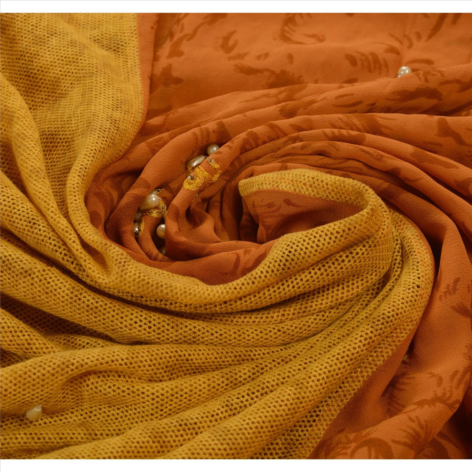 Sanskriti Vintage Sarees Pure Georgette Silk Hand Beaded 5Yd Fabric Premium Sari, PS-41407-Saffron-Hand Beaded With Pearl Beads-100% Pure Georgette Silk-10