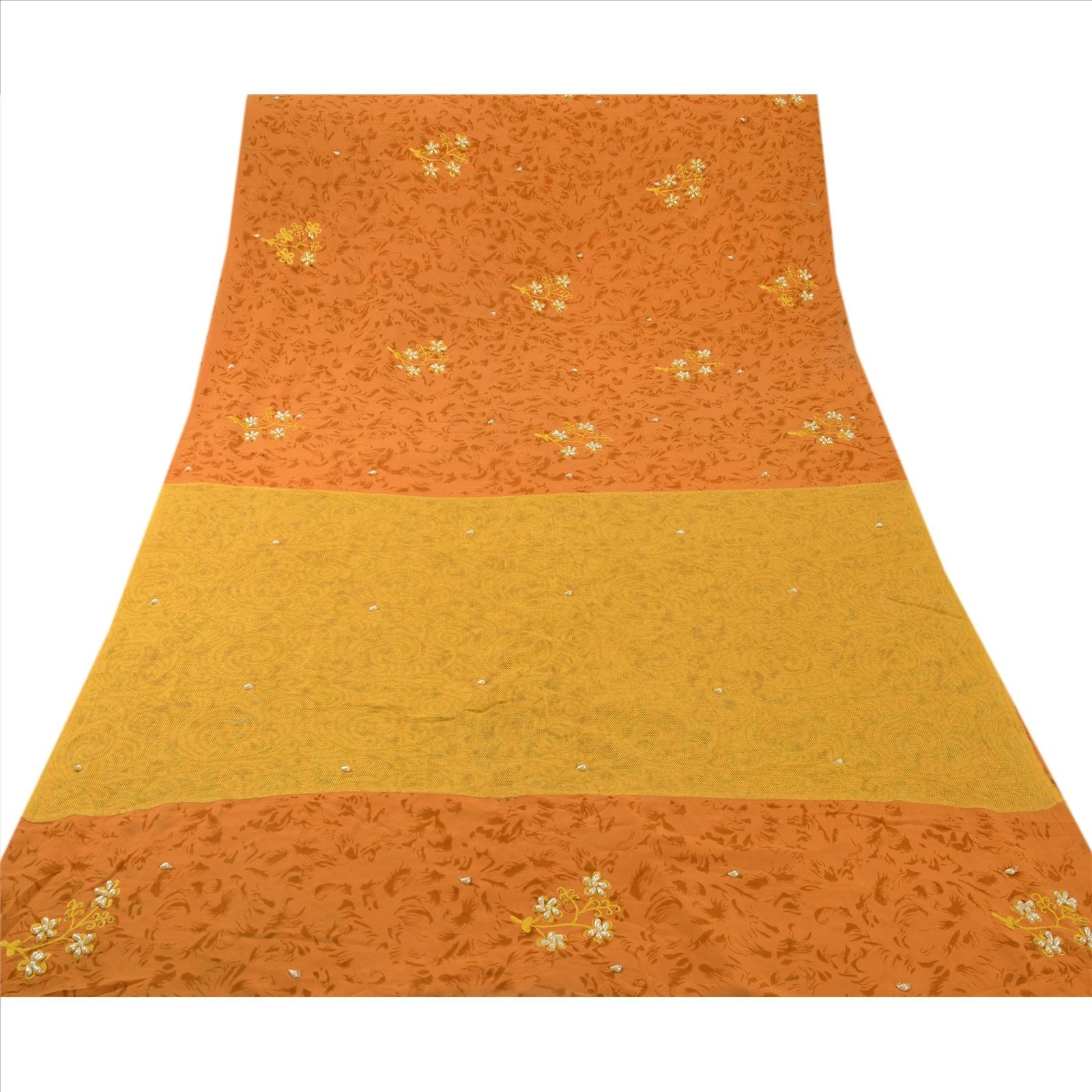 Sanskriti Vintage Sarees Pure Georgette Silk Hand Beaded 5Yd Fabric Premium Sari, PS-41407-Saffron-Hand Beaded With Pearl Beads-100% Pure Georgette Silk-11