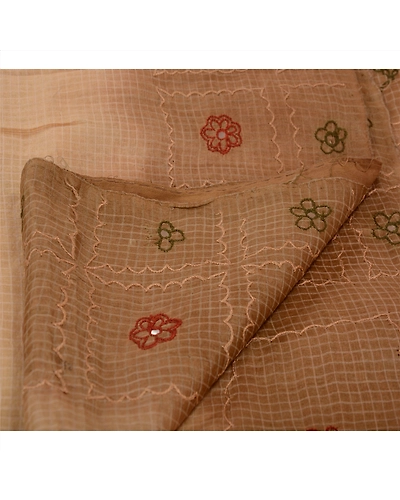 Sanskriti Vintage Sarees Pure Silk Indian Sari Hand Beaded Cream Craft Fabric, PS-41607-Cream-Hand Beaded With Zardozi Work &amp; Thread Work-100% Pure Silk-3