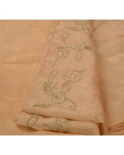 Sanskriti Vintage Sarees Tissue Hand Beaded Woven Peach 5 Yard Craft Fabric Sari, PS-41718-Peach-Hand Beaded With Zardozi Work-Tissue-3