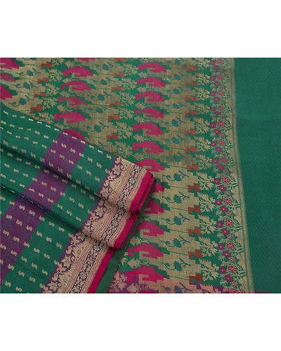 Sanskriti Vintage Sarees Satin Silk Woven Brocade Fabric Premium 5Yd Ethnic Sari, PS-41723-Green-Woven Brocade Work-Satin Silk-1
