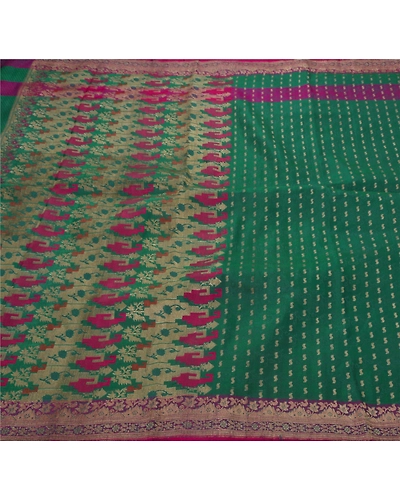Sanskriti Vintage Sarees Satin Silk Woven Brocade Fabric Premium 5Yd Ethnic Sari, PS-41723-Green-Woven Brocade Work-Satin Silk-2