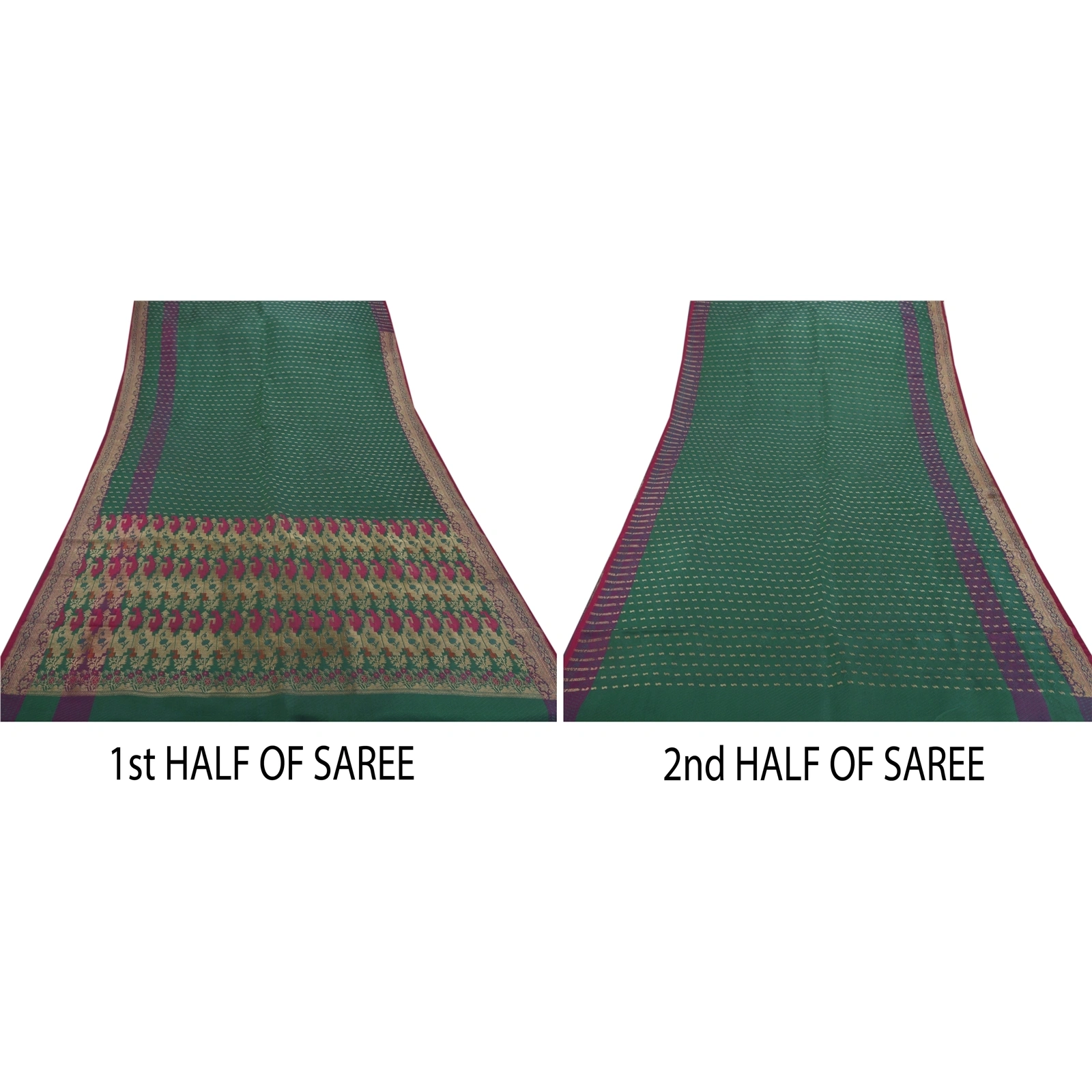 Sanskriti Vintage Sarees Satin Silk Woven Brocade Fabric Premium 5Yd Ethnic Sari, PS-41723-Green-Woven Brocade Work-Satin Silk-3