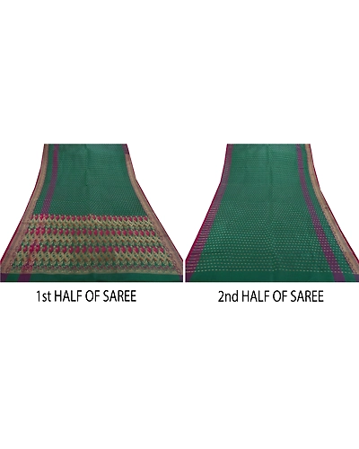 Sanskriti Vintage Sarees Satin Silk Woven Brocade Fabric Premium 5Yd Ethnic Sari, PS-41723-Green-Woven Brocade Work-Satin Silk-3