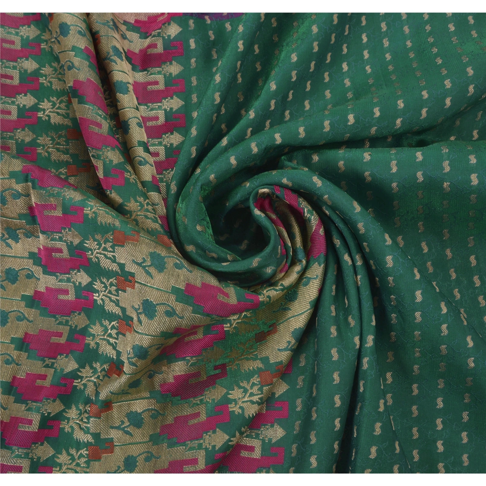 Sanskriti Vintage Sarees Satin Silk Woven Brocade Fabric Premium 5Yd Ethnic Sari, PS-41723-Green-Woven Brocade Work-Satin Silk-4