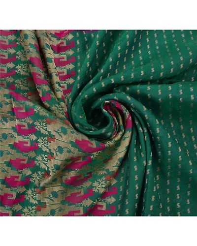 Sanskriti Vintage Sarees Satin Silk Woven Brocade Fabric Premium 5Yd Ethnic Sari, PS-41723-Green-Woven Brocade Work-Satin Silk-4