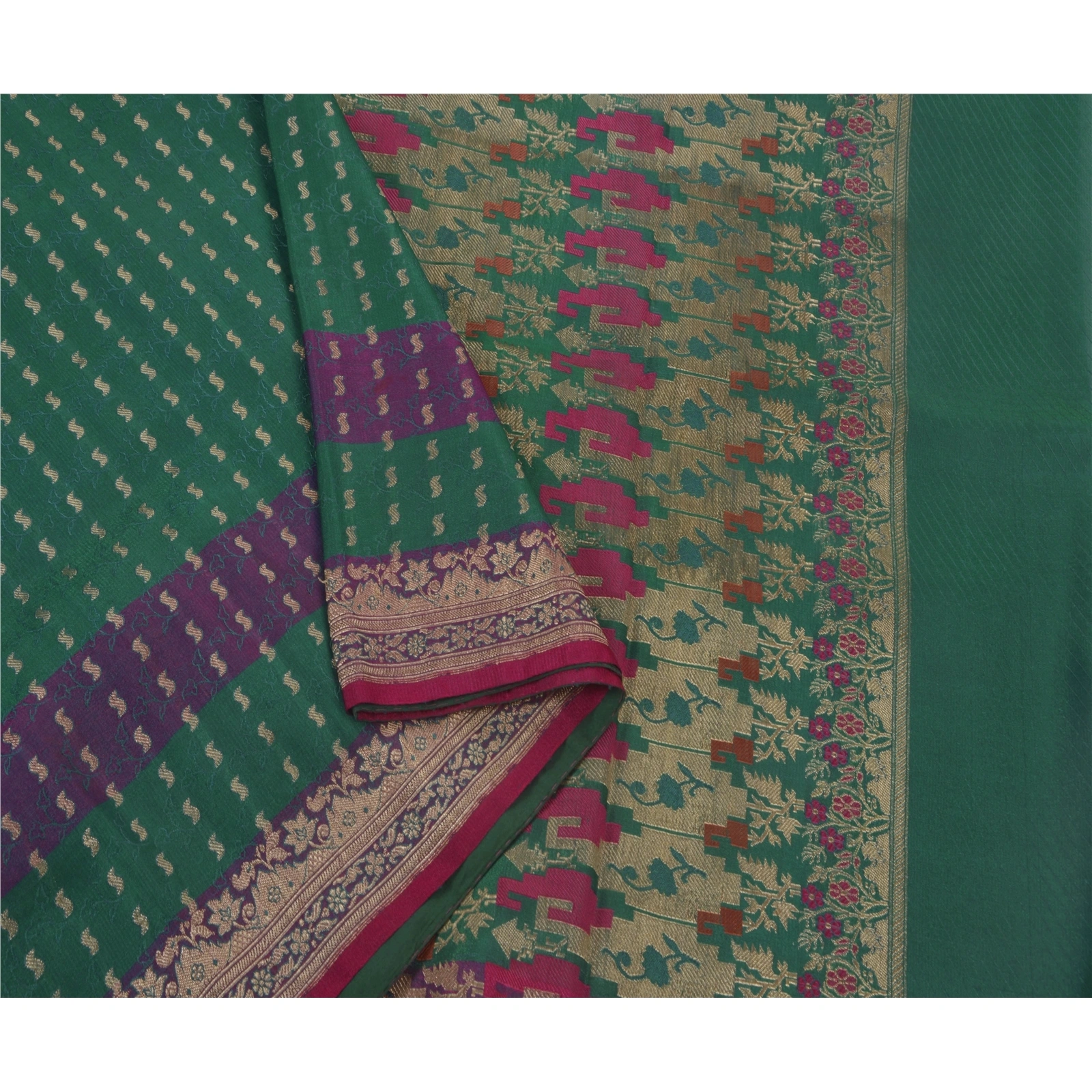 Sanskriti Vintage Sarees Satin Silk Woven Brocade Fabric Premium 5Yd Ethnic Sari, PS-41723-Green-Woven Brocade Work-Satin Silk-5