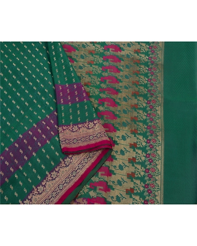 Sanskriti Vintage Sarees Satin Silk Woven Brocade Fabric Premium 5Yd Ethnic Sari, PS-41723-Green-Woven Brocade Work-Satin Silk-5