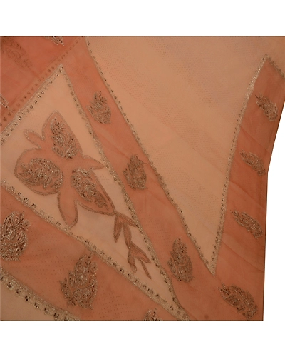 Sanskriti Vintage Sarees Organza Silk Hand Bead Painted Peach Fabric Indian Sari, PS-41817-Peach-Hand Embroidered With Zari Work-Organza Silk-1