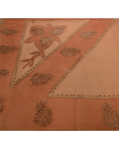 Sanskriti Vintage Sarees Organza Silk Hand Bead Painted Peach Fabric Indian Sari, PS-41817-Peach-Hand Embroidered With Zari Work-Organza Silk-2