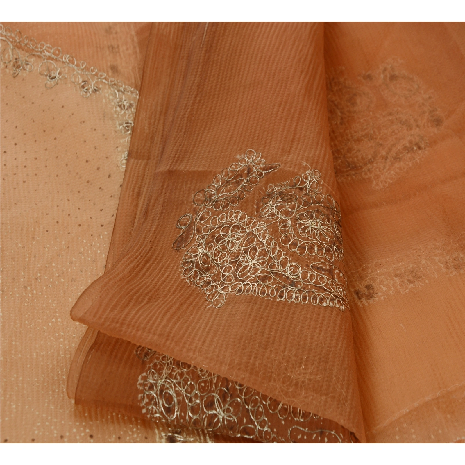 Sanskriti Vintage Sarees Organza Silk Hand Bead Painted Peach Fabric Indian Sari, PS-41817-Peach-Hand Embroidered With Zari Work-Organza Silk-3