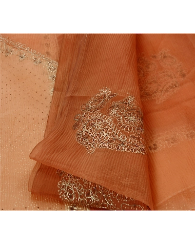 Sanskriti Vintage Sarees Organza Silk Hand Bead Painted Peach Fabric Indian Sari, PS-41817-Peach-Hand Embroidered With Zari Work-Organza Silk-3