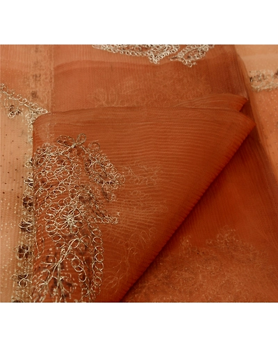 Sanskriti Vintage Sarees Organza Silk Hand Bead Painted Peach Fabric Indian Sari, PS-41817-Peach-Hand Embroidered With Zari Work-Organza Silk-4