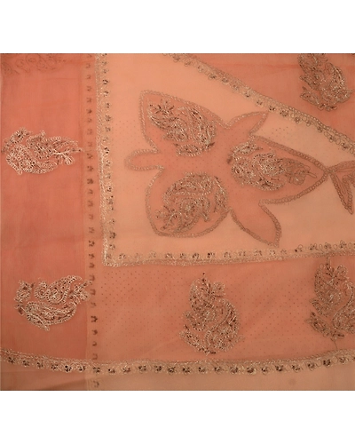 Sanskriti Vintage Sarees Organza Silk Hand Bead Painted Peach Fabric Indian Sari, PS-41817-Peach-Hand Embroidered With Zari Work-Organza Silk-6