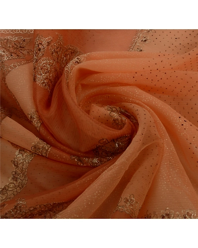 Sanskriti Vintage Sarees Organza Silk Hand Bead Painted Peach Fabric Indian Sari, PS-41817-Peach-Hand Embroidered With Zari Work-Organza Silk-10