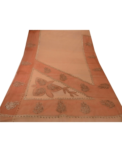 Sanskriti Vintage Sarees Organza Silk Hand Bead Painted Peach Fabric Indian Sari, PS-41817-Peach-Hand Embroidered With Zari Work-Organza Silk-11