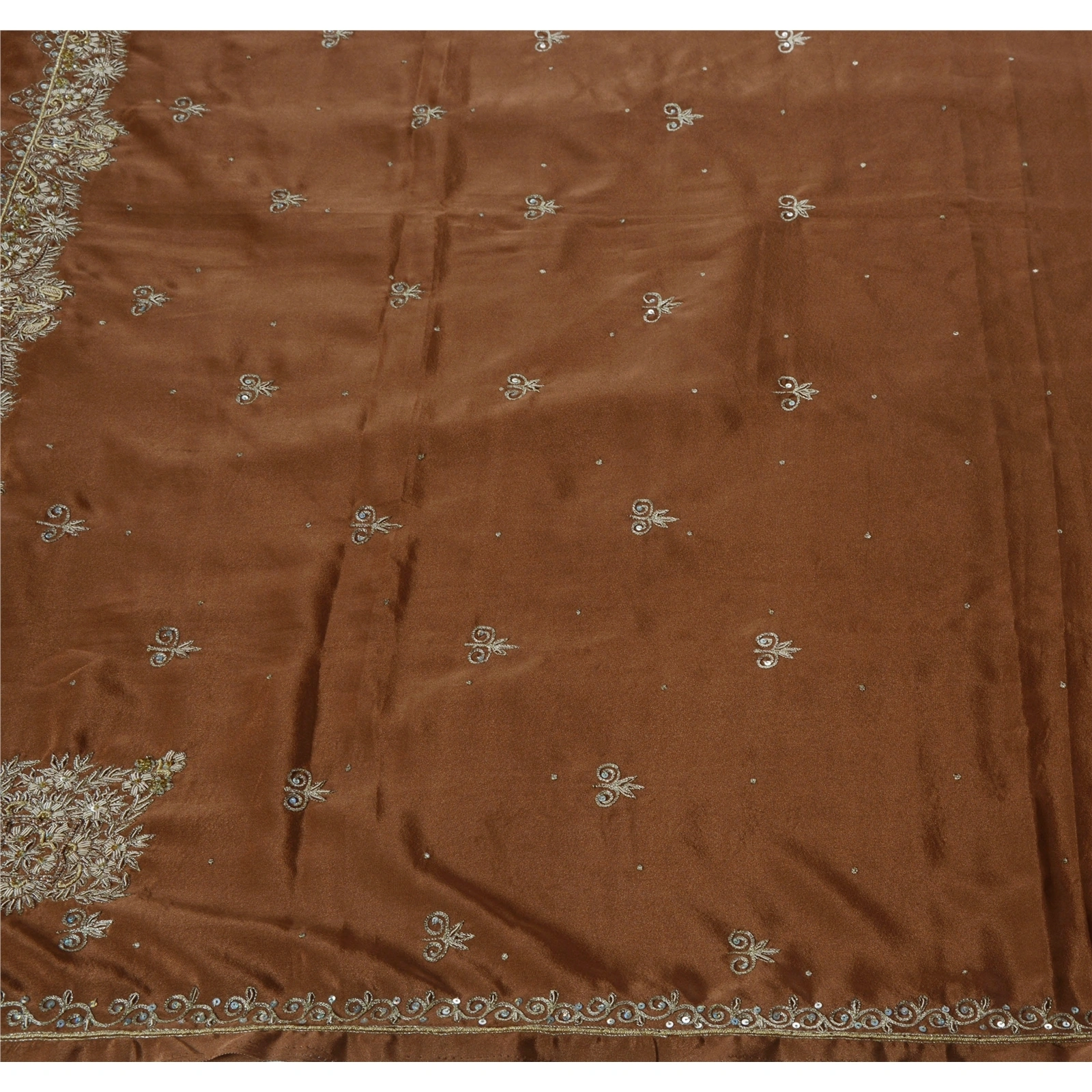 Sanskriti Vintage Sarees Art Silk Hand Beaded Brown Craft Fabric Ethnic Sari, PS-41866-Brown-Hand Beaded With Zari Work &amp; Sequins-Art Silk-1