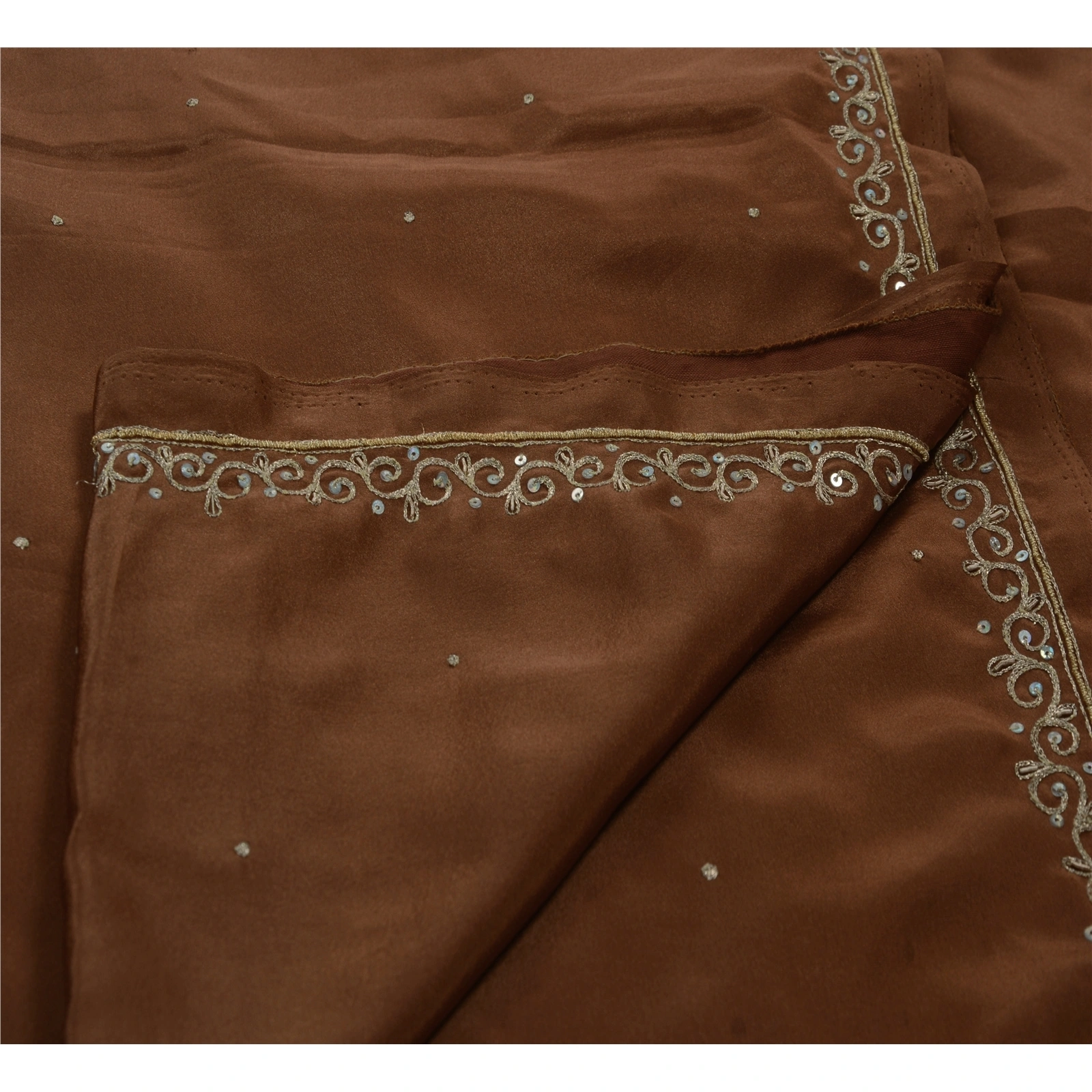 Sanskriti Vintage Sarees Art Silk Hand Beaded Brown Craft Fabric Ethnic Sari, PS-41866-Brown-Hand Beaded With Zari Work &amp; Sequins-Art Silk-3