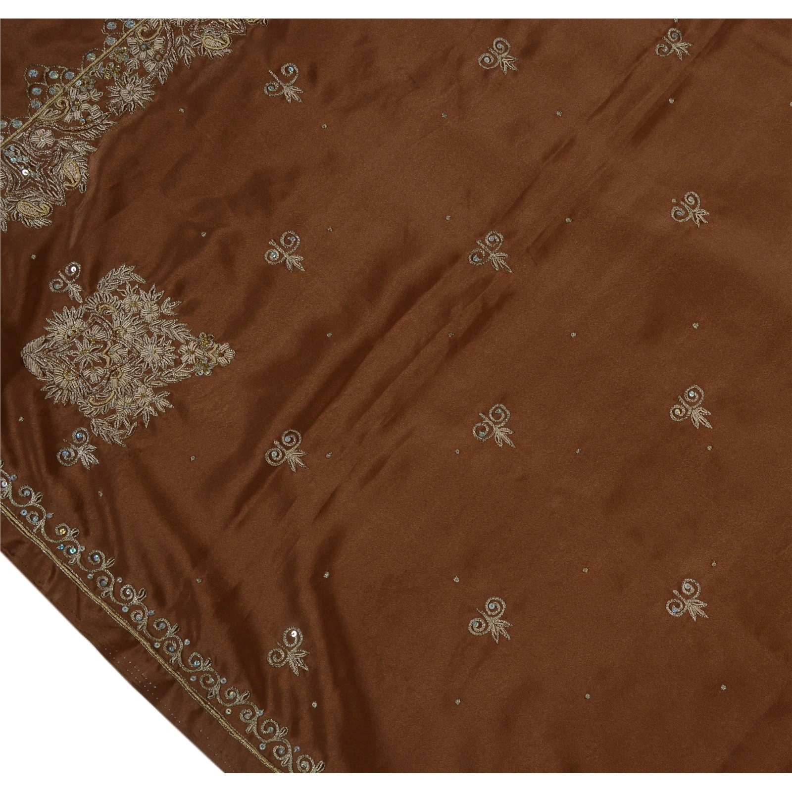 Sanskriti Vintage Sarees Art Silk Hand Beaded Brown Craft Fabric Ethnic Sari, PS-41866-Brown-Hand Beaded With Zari Work &amp; Sequins-Art Silk-7