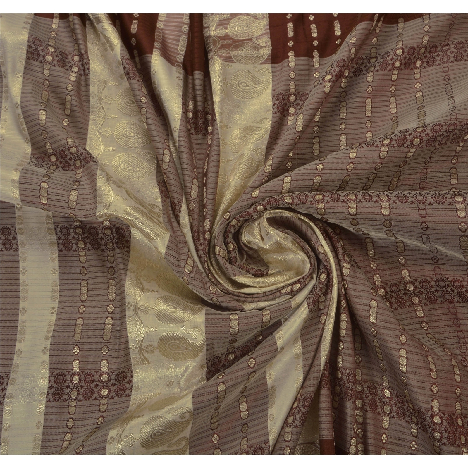 Sanskriti Vintage Sarees Pure Satin Silk Craft Fabric Premium 5 Yard Ethnic Sari, PS-41941-Brown-Woven Work-100% Pure Satin Silk-4