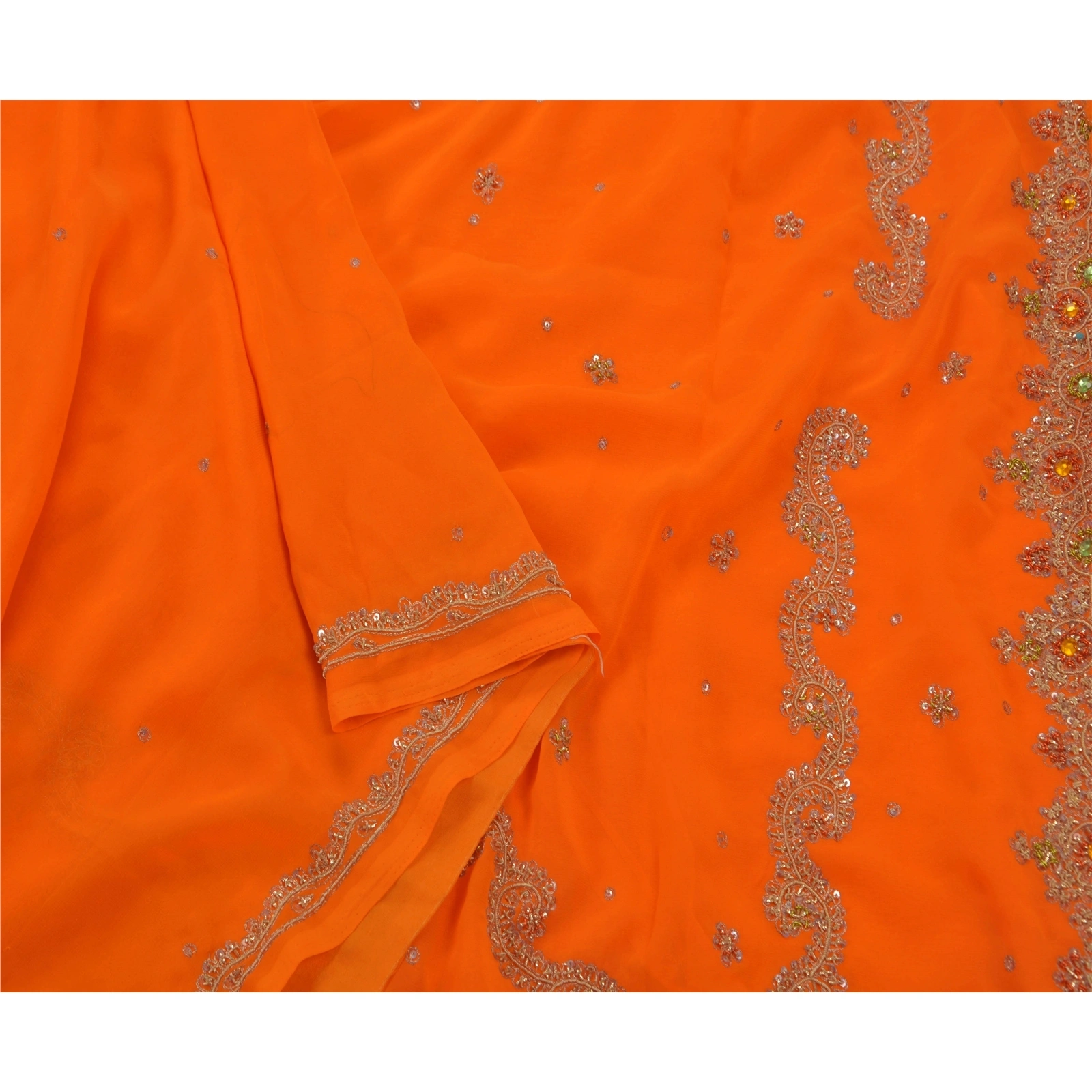 Sanskriti Vintage Sarees Georgette Hand Beaded Craft Fabric Premium 5 Yd Sari, PS-42027-Orange-Hand Beaded With Zari Work &amp; Rhinestone-Georgette-3