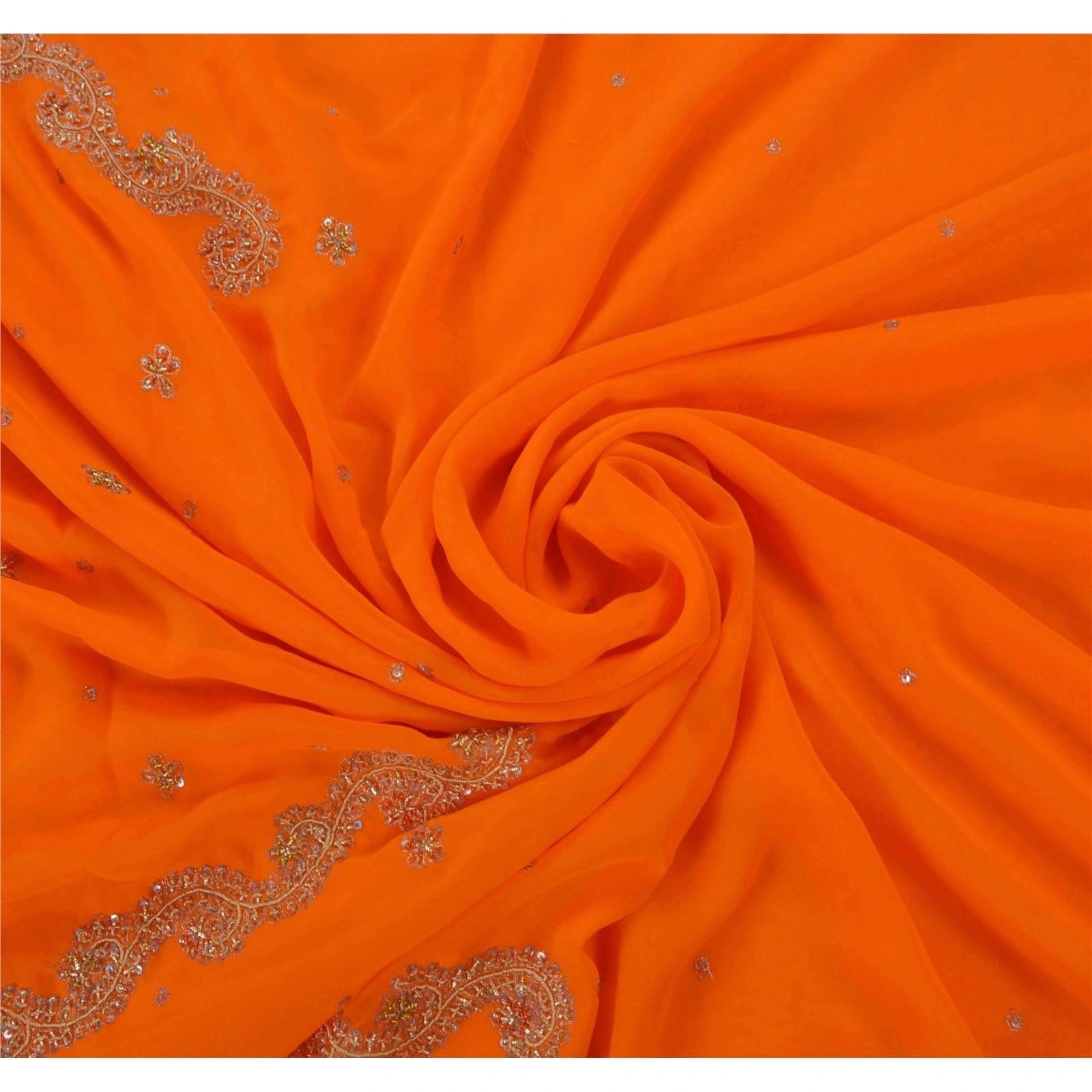 Sanskriti Vintage Sarees Georgette Hand Beaded Craft Fabric Premium 5 Yd Sari, PS-42027-Orange-Hand Beaded With Zari Work &amp; Rhinestone-Georgette-5