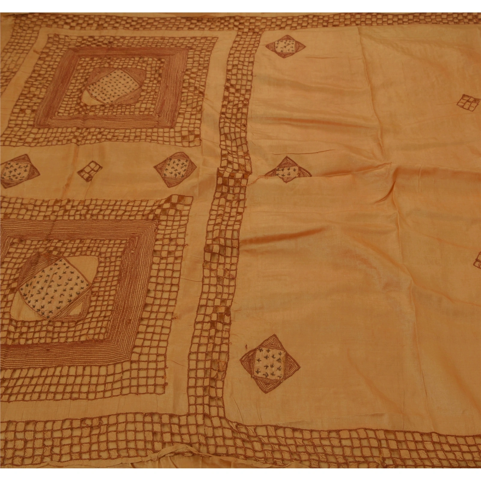 Sanskriti Vintage Brown Sarees 100% Pure Silk Hand Embroidered Craft Fabric Sari, PS-42424-Brown-Hand Embroidered With Thread Work-100% Pure Silk-1