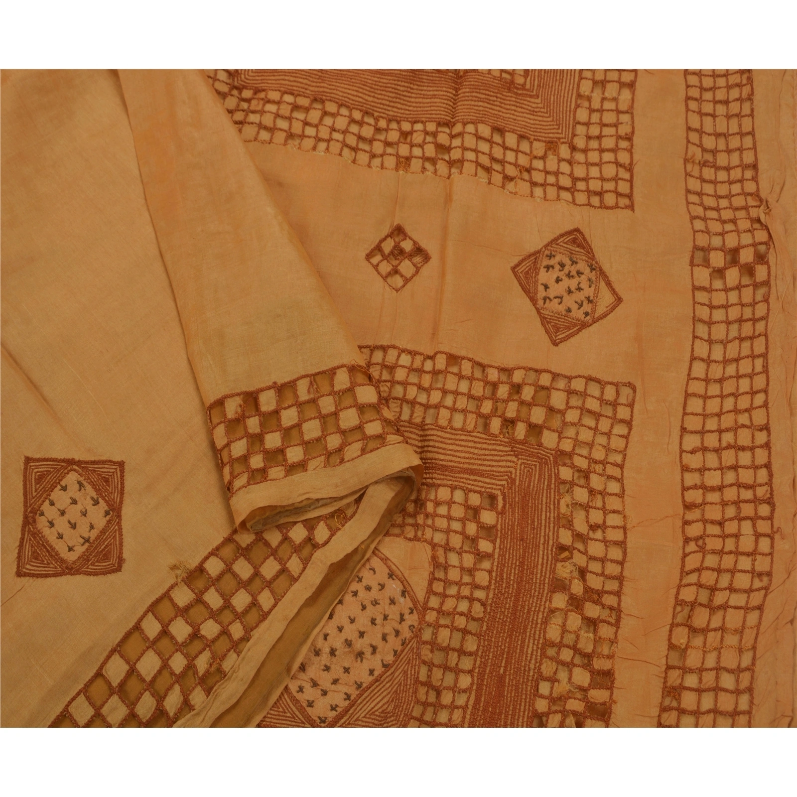 Sanskriti Vintage Brown Sarees 100% Pure Silk Hand Embroidered Craft Fabric Sari, PS-42424-Brown-Hand Embroidered With Thread Work-100% Pure Silk-2