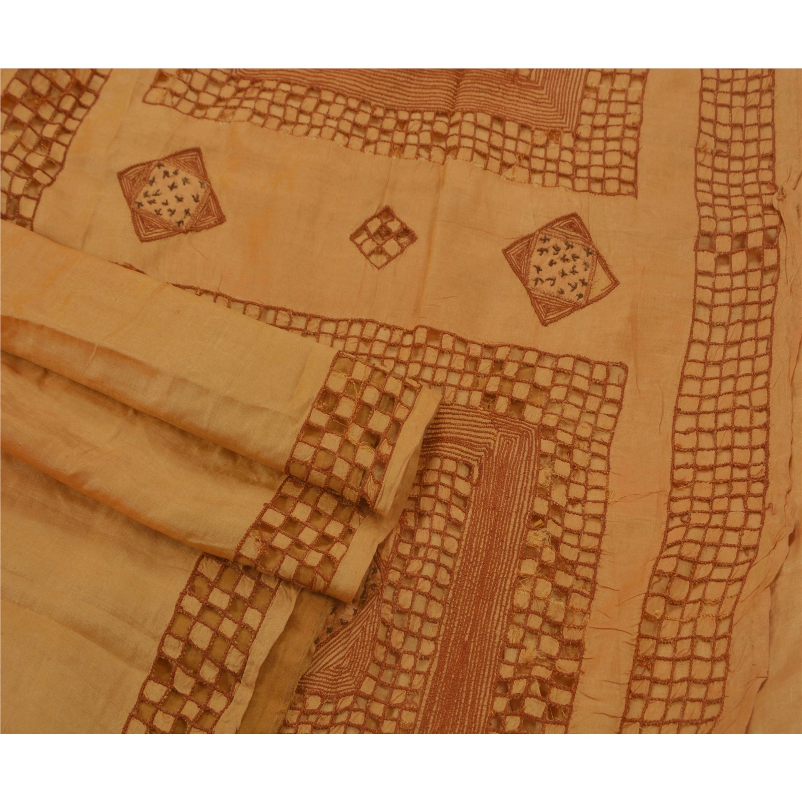 Sanskriti Vintage Brown Sarees 100% Pure Silk Hand Embroidered Craft Fabric Sari, PS-42424-Brown-Hand Embroidered With Thread Work-100% Pure Silk-3