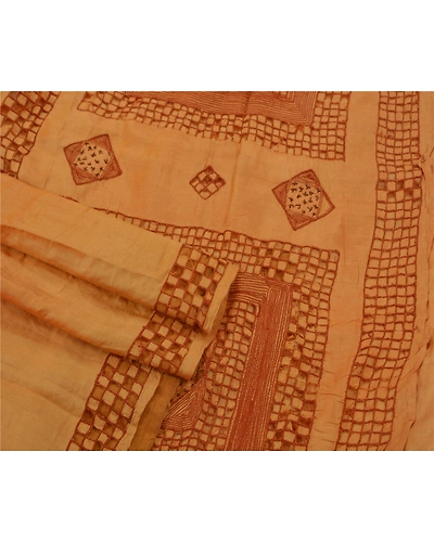 Sanskriti Vintage Brown Sarees 100% Pure Silk Hand Embroidered Craft Fabric Sari, PS-42424-Brown-Hand Embroidered With Thread Work-100% Pure Silk-3